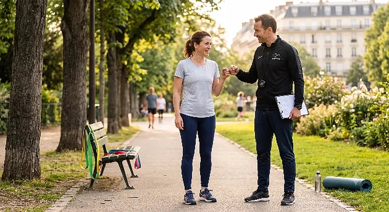 Séance de reprise du sport à domicile, étirements guidés par un coach sportif dans un salon lumineux